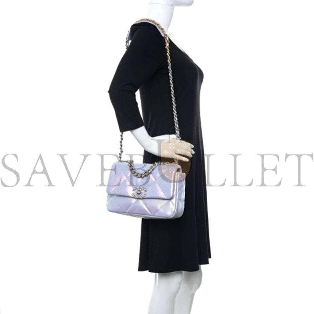 Ch*el iridescent calfskin quilted medium Ch*el 19 flap light silver purple blue as1160 (26*17*8cm)